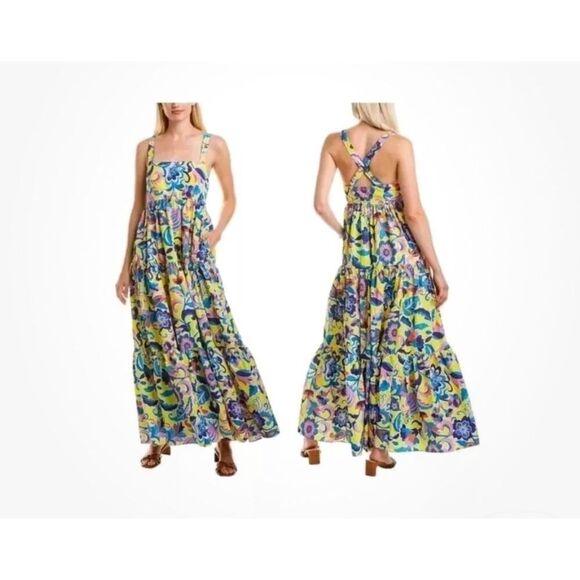 J Crew Tiered Taffeta Maxi Summer Dress Yellow Blue Purple Orange Floral Sz 4 - Picture 1 of 12